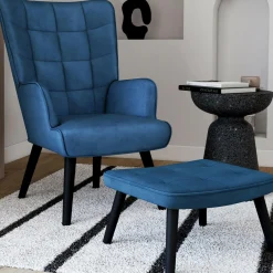 Fauteuil scandinave en velours bleu avec repose-pieds*IDMarket Sale