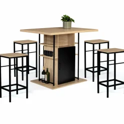 Ilot central avec tabourets bois noir et imitation hêtre 110 cm design industriel*IDMarket Sale