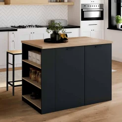 Ilot central bois noir avec plan de travail façon hêtre 120 cm*IDMarket Online