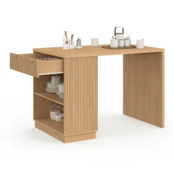Ilot central mange-debout 4 personnes 130 cm lattes tasseau bois coloris chêne*IDMarket Online