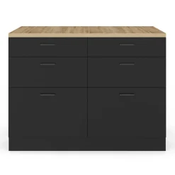 Ilot central mange-debout 120 cm casserolier 6 tiroirs noir et plateau bois*IDMarket Hot