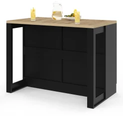 Ilot central mange-debout 120 cm casserolier 6 tiroirs noir et plateau bois*IDMarket Hot