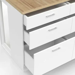 Ilot central mange-debout 120 cm casserolier 6 tiroirs blanc et plateau bois*IDMarket Hot