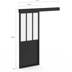 Kit porte coulissante verrière 83 cm en verre trempé givré, métal avec rail et fixations*IDMarket Online
