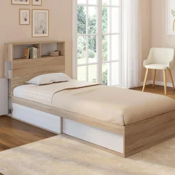 Lit 1 personne sommier 90x190 cm hêtre et blanc avec rangement et tête de lit*IDMarket New