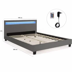 Lit 2 places avec LED 140x190 cm gris*IDMarket Sale
