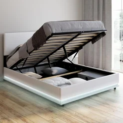 Lit coffre 2 places 140x190 en PVC blanc avec sommier et LED*IDMarket New