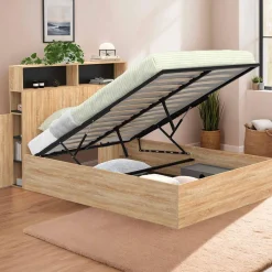 Lit coffre double 140x190 cm avec tête de lit façon hêtre et noir*IDMarket Discount