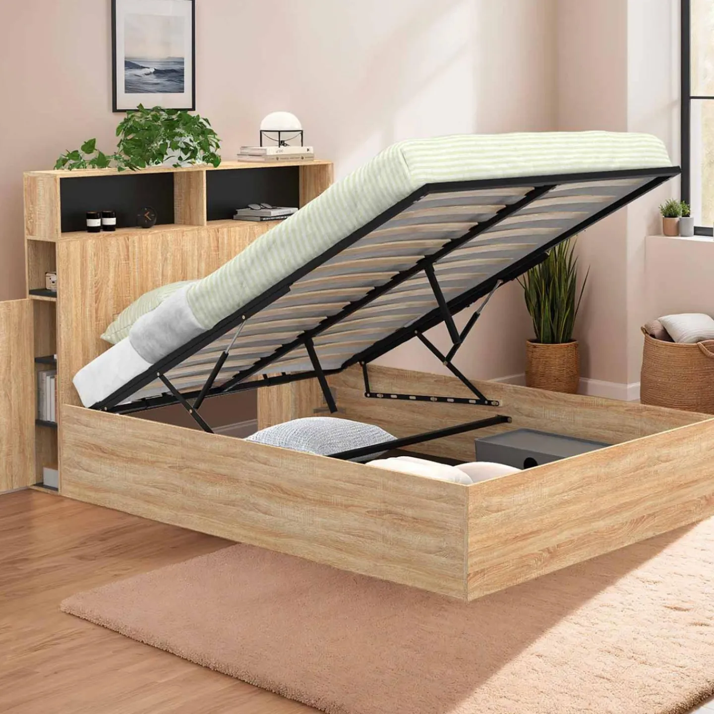 Lit coffre double 140x190 cm avec tête de lit façon hêtre et noir*IDMarket Discount
