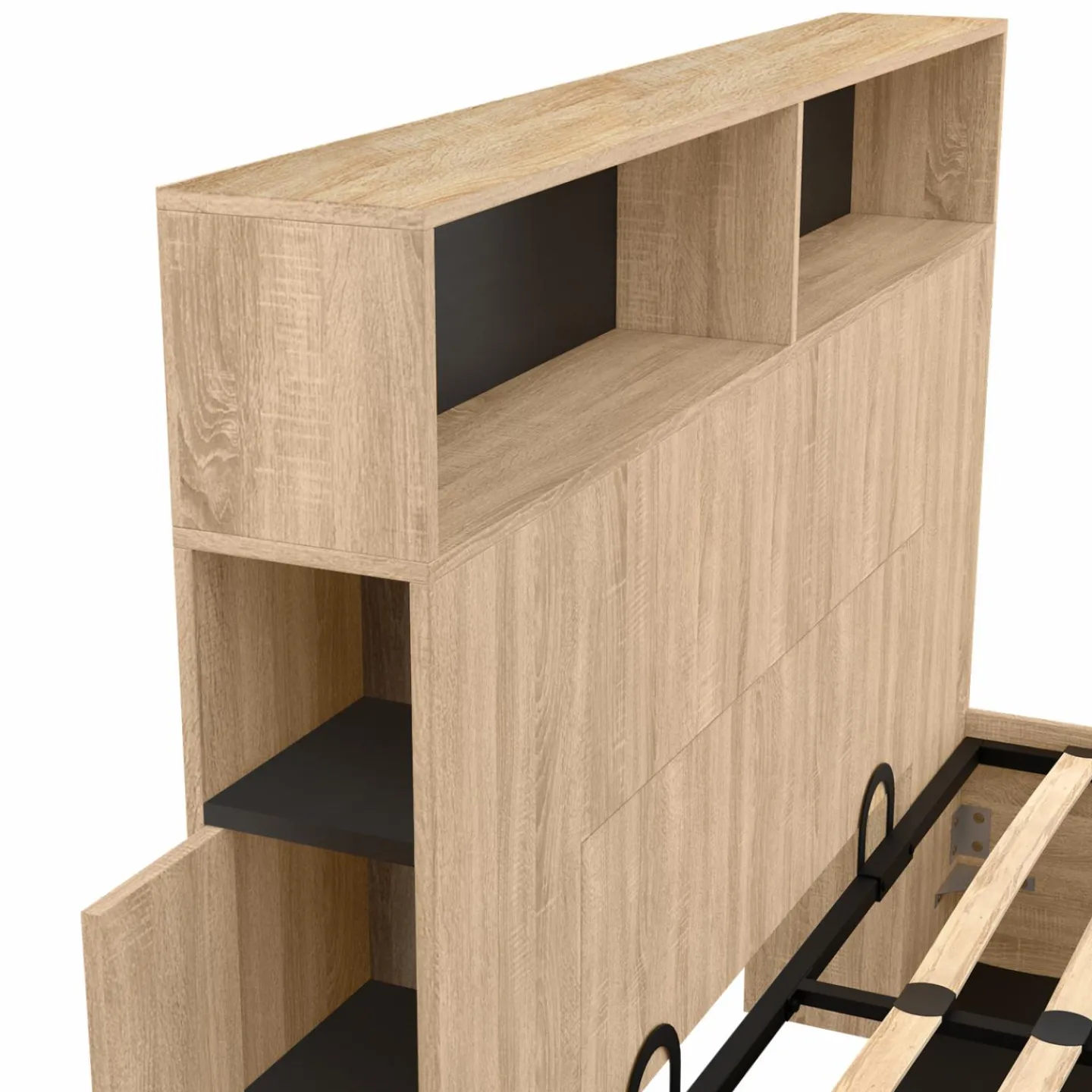 Lit coffre double 140x190 cm avec tête de lit façon hêtre et noir*IDMarket Discount
