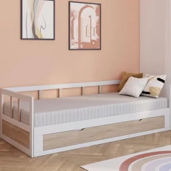 Lit convertible 180 x 190 cm blanc et hêtre*IDMarket Hot