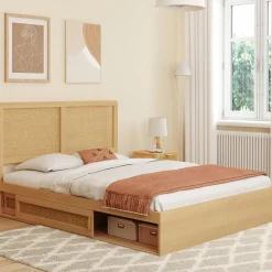 Lit double avec rangements et tête de lit cannage*IDMarket Outlet