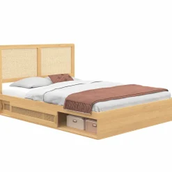 Lit double avec rangements et tête de lit cannage*IDMarket Outlet