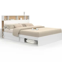 Lit double avec rangements + tête de lit et sommier 160 x 200 cm blanc et hêtre*IDMarket New