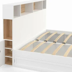 Lit double avec rangements + tête de lit et sommier 160 x 200 cm blanc et hêtre*IDMarket New