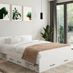 Lit double blanc 140x190cm avec tête de lit et rangements*IDMarket Sale