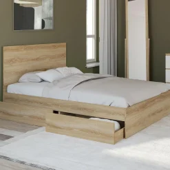 Lit double façon hêtre 4 tiroirs sur roulettes avec tête de lit*IDMarket Online