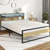Lit double LED intégrés dans la tête de lit et sommier 140x190 cm effet bois et métal noir style industriel*IDMarket Discount