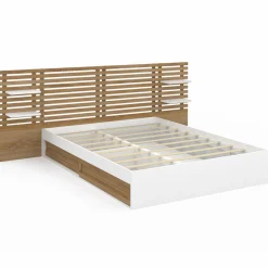 Lit double 140x190 blanc et hêtre avec rangement, tête de lit et chevets*IDMarket Sale