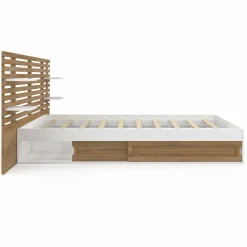 Lit double 140x190 blanc et hêtre avec rangement, tête de lit et chevets*IDMarket Sale