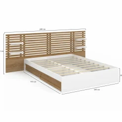 Lit double 140x190 blanc et hêtre avec rangement, tête de lit et chevets*IDMarket Sale