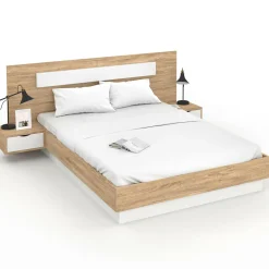 Lit double 140x190 bois et blanc avec tête de lit et tables de chevet*IDMarket New