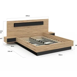 Lit double 160x200 cm bois et noir avec tête de lit et tables de chevet*IDMarket Clearance
