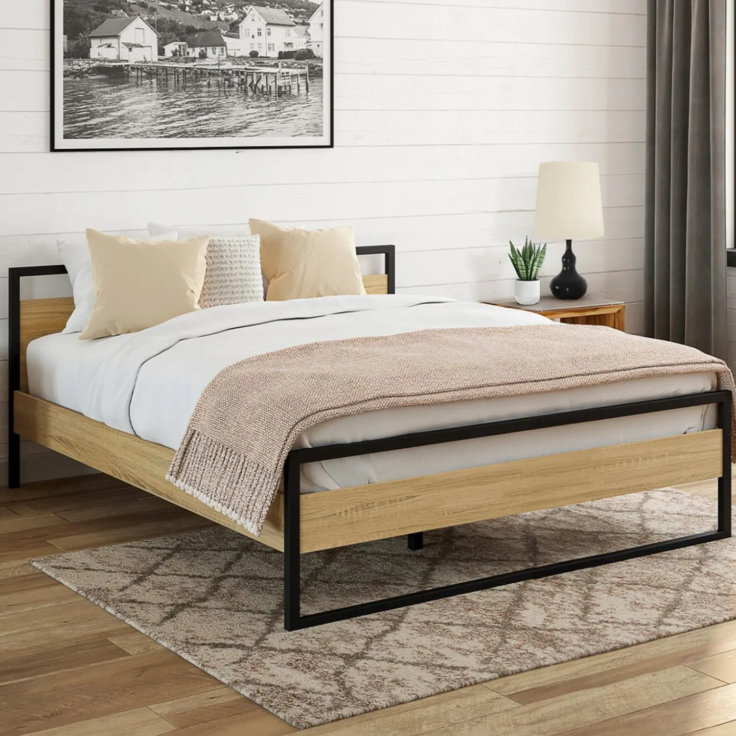 Lit double 140x190 cm style industriel avec sommier*IDMarket Clearance
