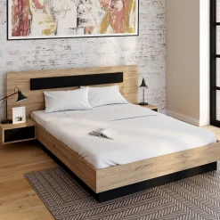 Lit double 140x190 cm tête de lit sommier avec chevets suspendus bois et noir*IDMarket Discount