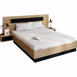 Lit double 140x190 cm tête de lit sommier avec chevets suspendus bois et noir*IDMarket Discount