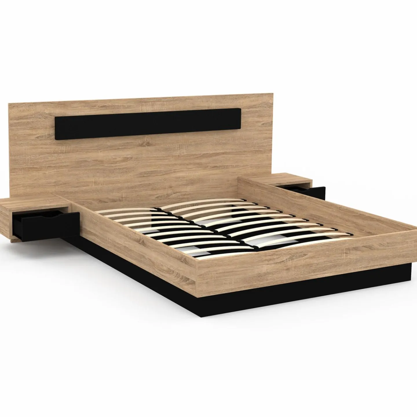 Lit double 140x190 cm tête de lit sommier avec chevets suspendus bois et noir*IDMarket Discount