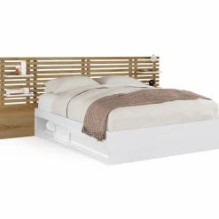 Lit double 140x190 hêtre et blanc avec tête de lit et chevets*IDMarket Sale