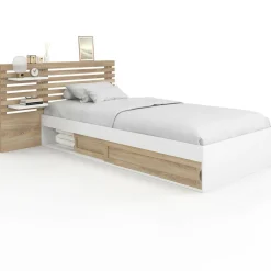 Lit simple avec tête de lit, chevets, rangements et sommier 90 x 190 cm façon hêtre et blanc*IDMarket Sale