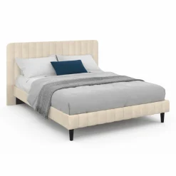 Lit 140x190 cm avec tête de lit et sommier en velours beige*IDMarket