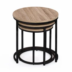 Lot 3 tables basses gigognes rondes bois métal industrielles 35/40/45 cm*IDMarket Online
