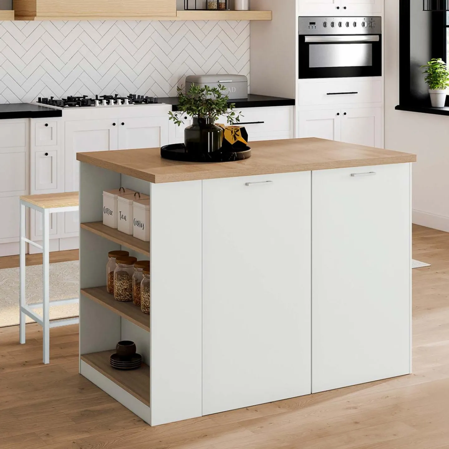 Îlot central blanc et bois avec plan de travail façon hêtre*IDMarket New