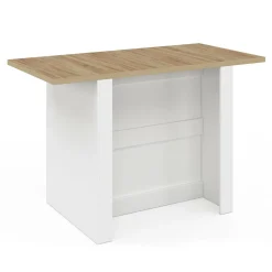Îlot central bois blanc avec plan de travail façon hêtre 140 cm 4 personnes avec rangement*IDMarket Sale