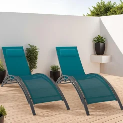 Lot de 2 bains de soleil inclinables avec coussin acier gris et toile bleu canard*IDMarket Best