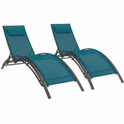 Lot de 2 bains de soleil inclinables avec coussin acier gris et toile bleu canard*IDMarket Best