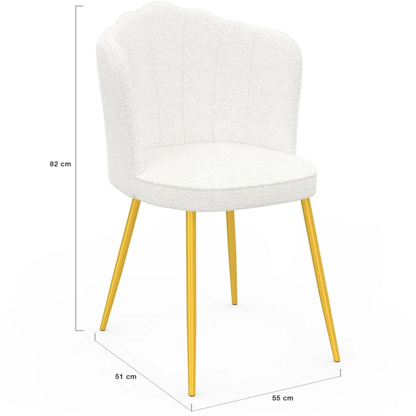 Lot de 2 chaises bouclette blanche, dossier coquillage, pieds dorés*IDMarket Online