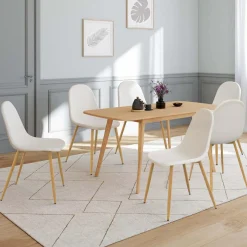 Lot de 6 chaises scandinaves en tissu blanc bouclette pieds en bois*IDMarket Sale