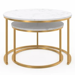 Lot de 2 tables basses gigognes rondes effet marbre et doré*IDMarket New