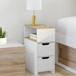Lot de 2 tables de chevet bois et blanc 2 tiroirs avec niche latérale réversible*IDMarket Best