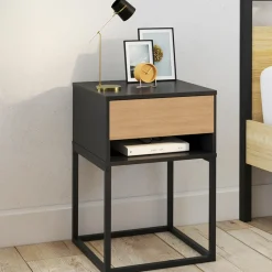 Lot de 2 tables de chevet 1 tiroir façon hêtre et 1 niche noire*IDMarket Discount