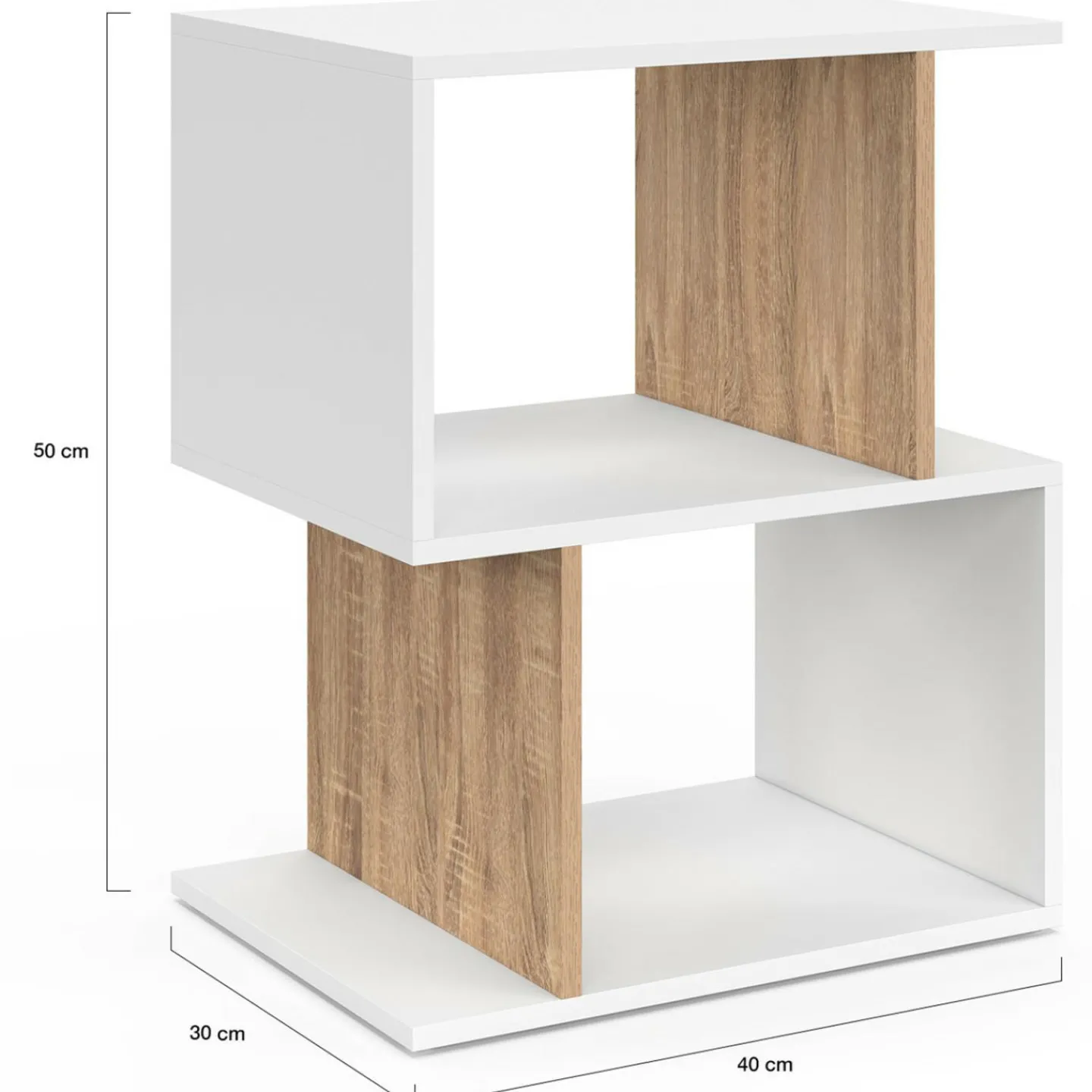 Lot de 2 tables de chevet forme S avec rangements ouverts blanc et effet hêtre*IDMarket