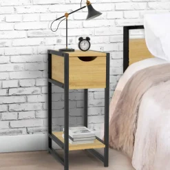 Lot de 2 tables de chevet gain de place bois et métal noir 1 tiroir 1 tablette style industriel*IDMarket Discount