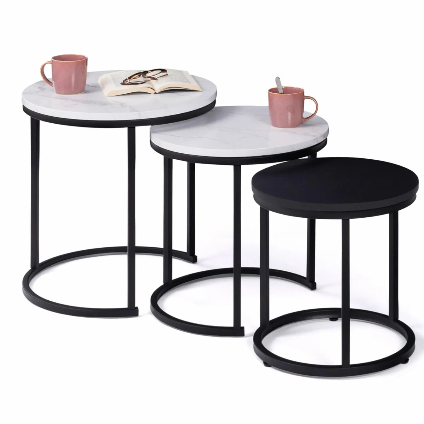 Lot de 3 tables gigognes rondes effet marbre et bois noir 35/40/45 cm*IDMarket Online