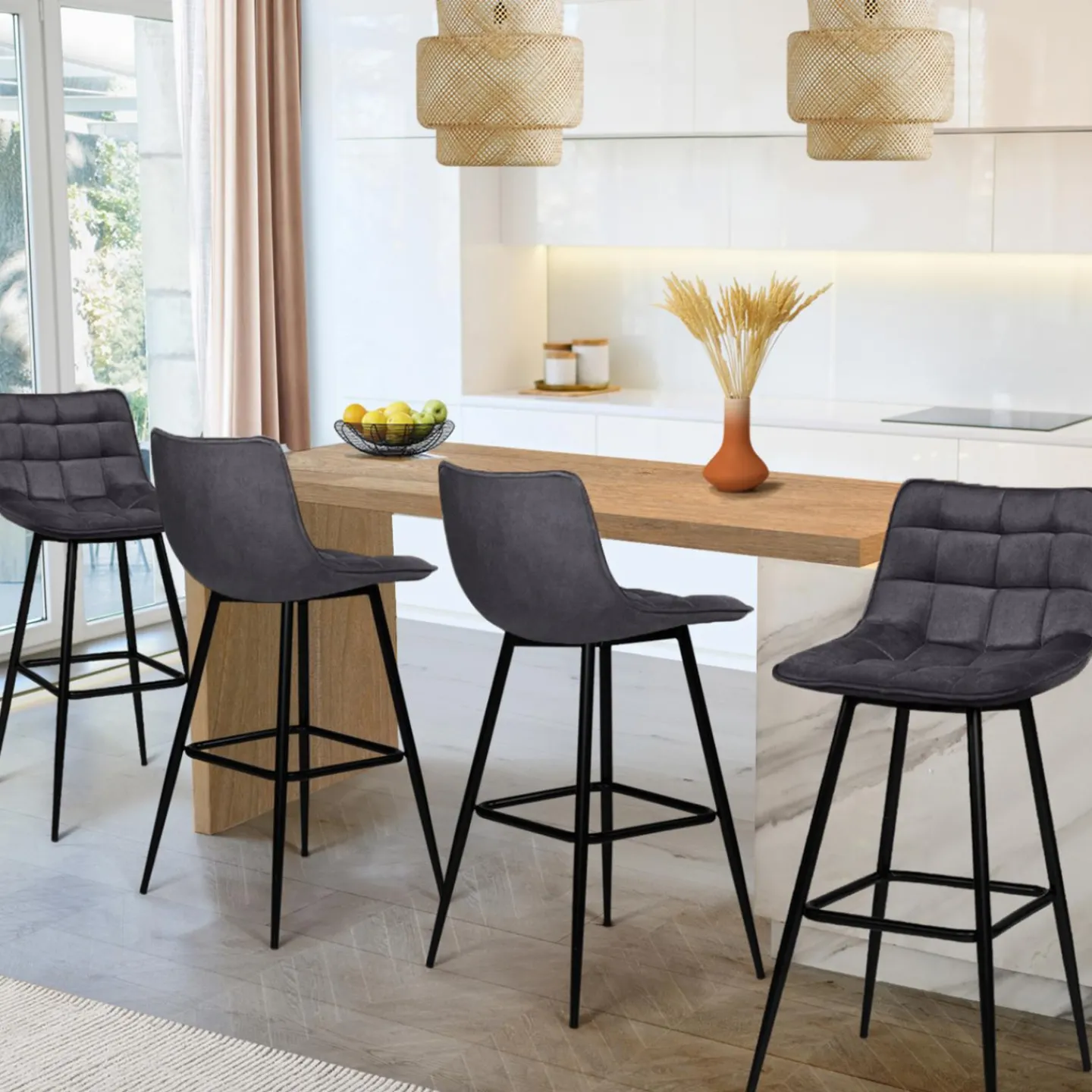 Lot de 4 tabourets en velours gris matelassé*IDMarket Clearance