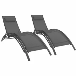 Lot de 2 transats de jardin inclinables en acier avec coussin et toile gris anthracite*IDMarket New