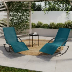 Lot de 2 transats de jardin à bascule gris anthracite et toile bleu canard*IDMarket